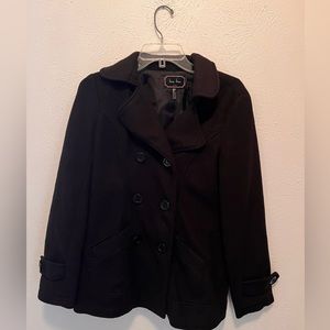 Black button down long coat. Brand is Love Tree. Size small.